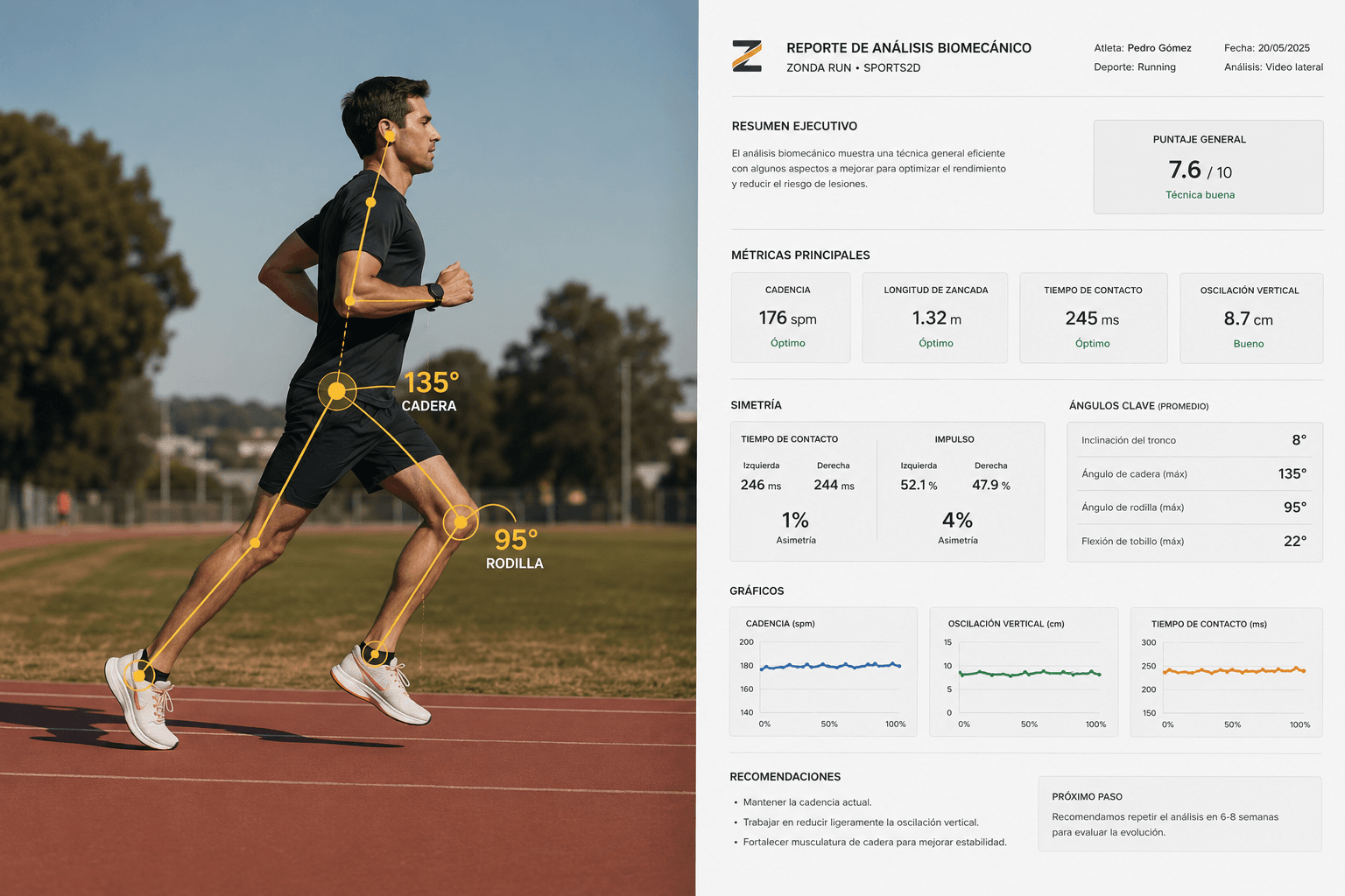 Análisis biomecánico de Zonda: runner corriendo con overlays mostrando 135° de cadera y 95° de rodilla, junto al PDF de reporte con métricas de cadencia, simetría y ángulos clave.